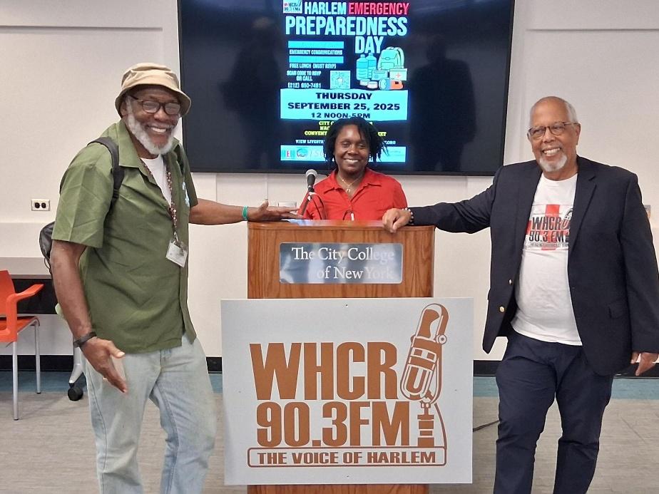 NY Chapter Board Member Douglas Frazier (l) and Chapter President Stuart Reid (r) with WHCR General Manager Keziah Glow Sullivan.